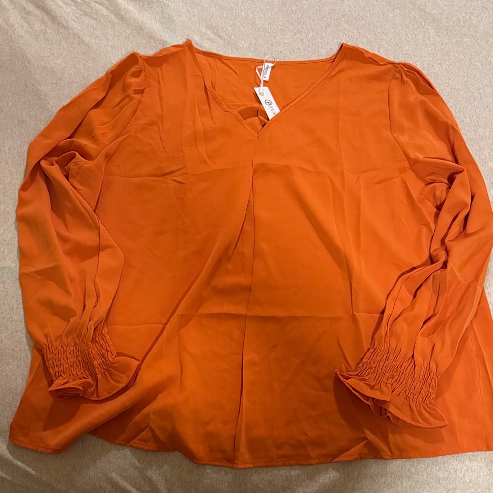 Vibrant Orange Blouse with Ruched Sleeves